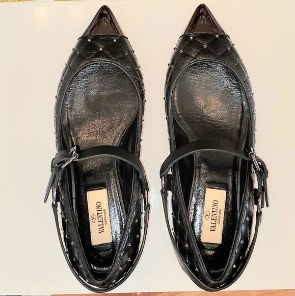 Valentino- Black Quilted Rockstud Metal Cap Toe Ballerina Flats Size 36 - Picture 3 of 6